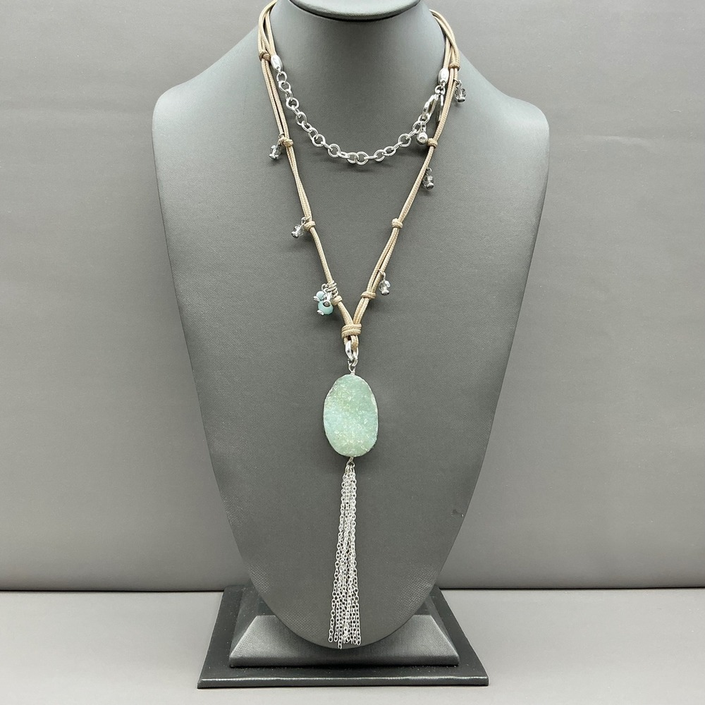 Chico's Necklace Mint Green Faux Druzy Tassel Beige Cord Silver Tone Boho 36"